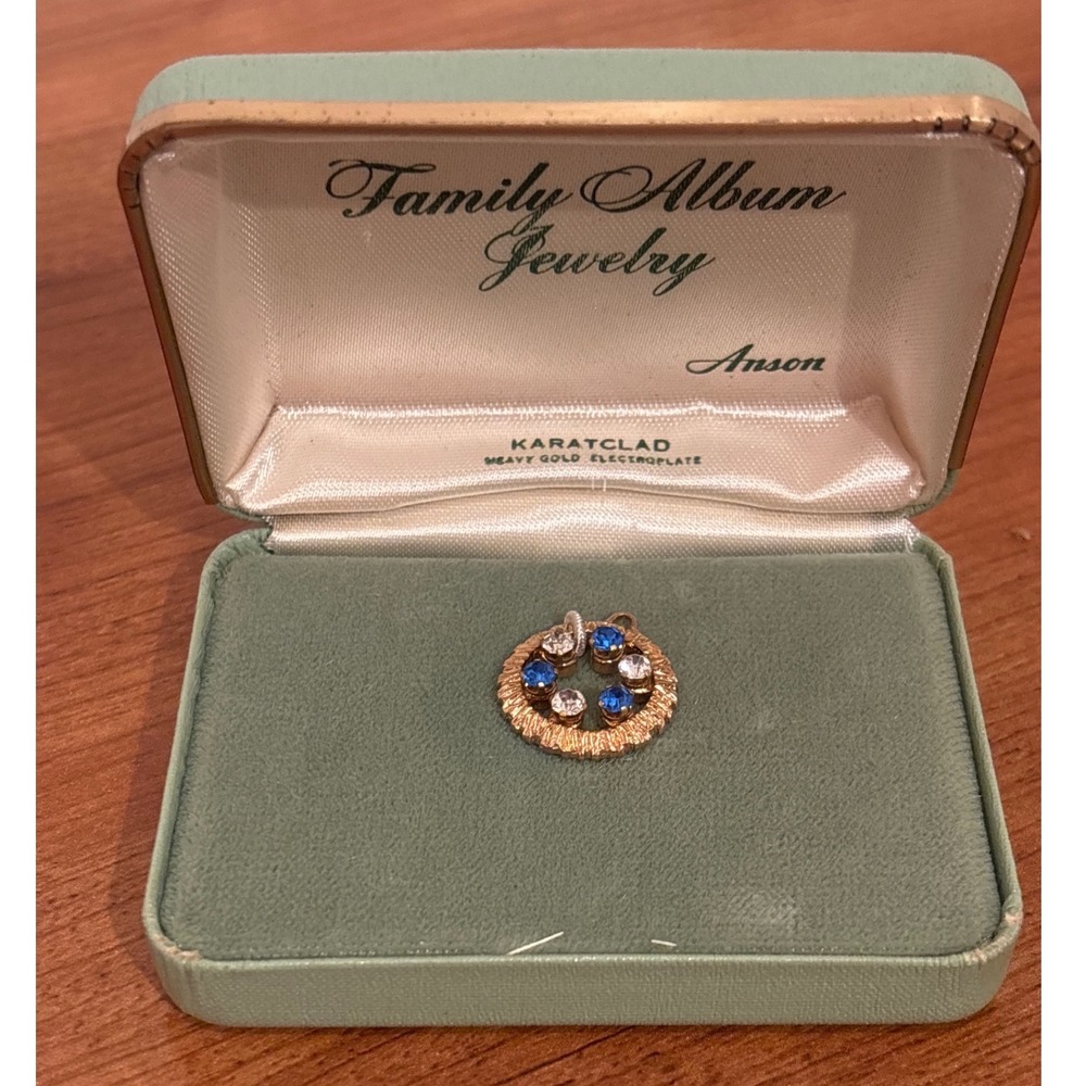 Vintage Anson Karatclad Gold Electroplate Blue Clear Crystal Wreath Pendant Box